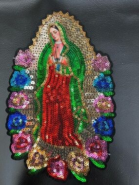 Sequin Our Lady of Guadalupe Patch — Green, Red, Gold